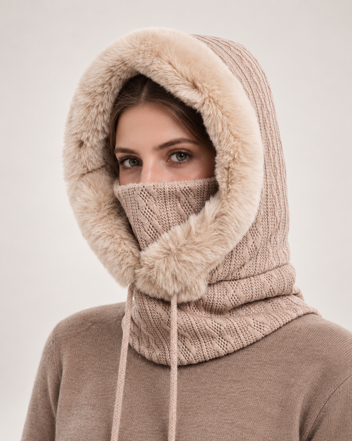 Women's Faux Fur Trim Hooded Scarf in Beige, close up hero view