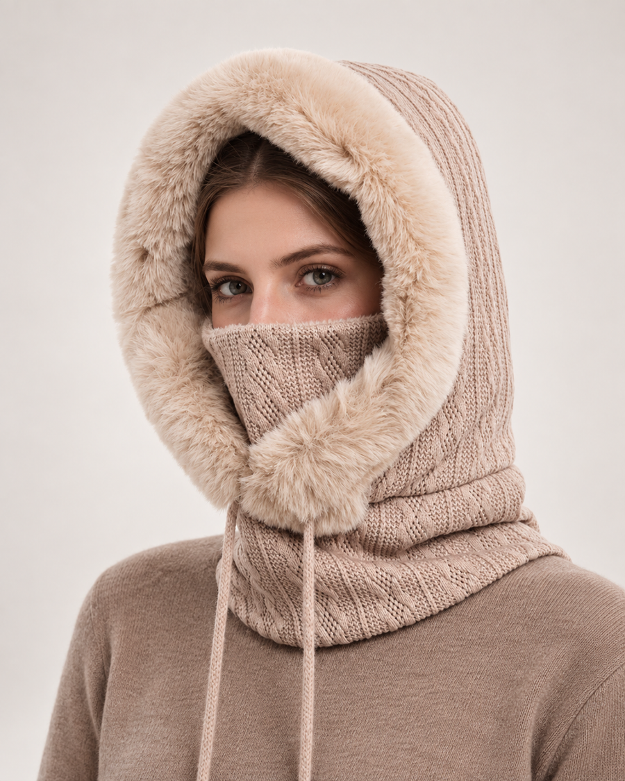 Women's Faux Fur Trim Hooded Scarf in Beige, close up hero view