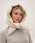 Women's Quilted Puffer Headscarf in Cream, close up hero view