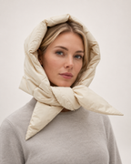 Women's Quilted Puffer Headscarf in Cream, close up hero view