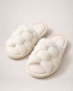 Fluffy Open Toe Slippers in White, product focused view