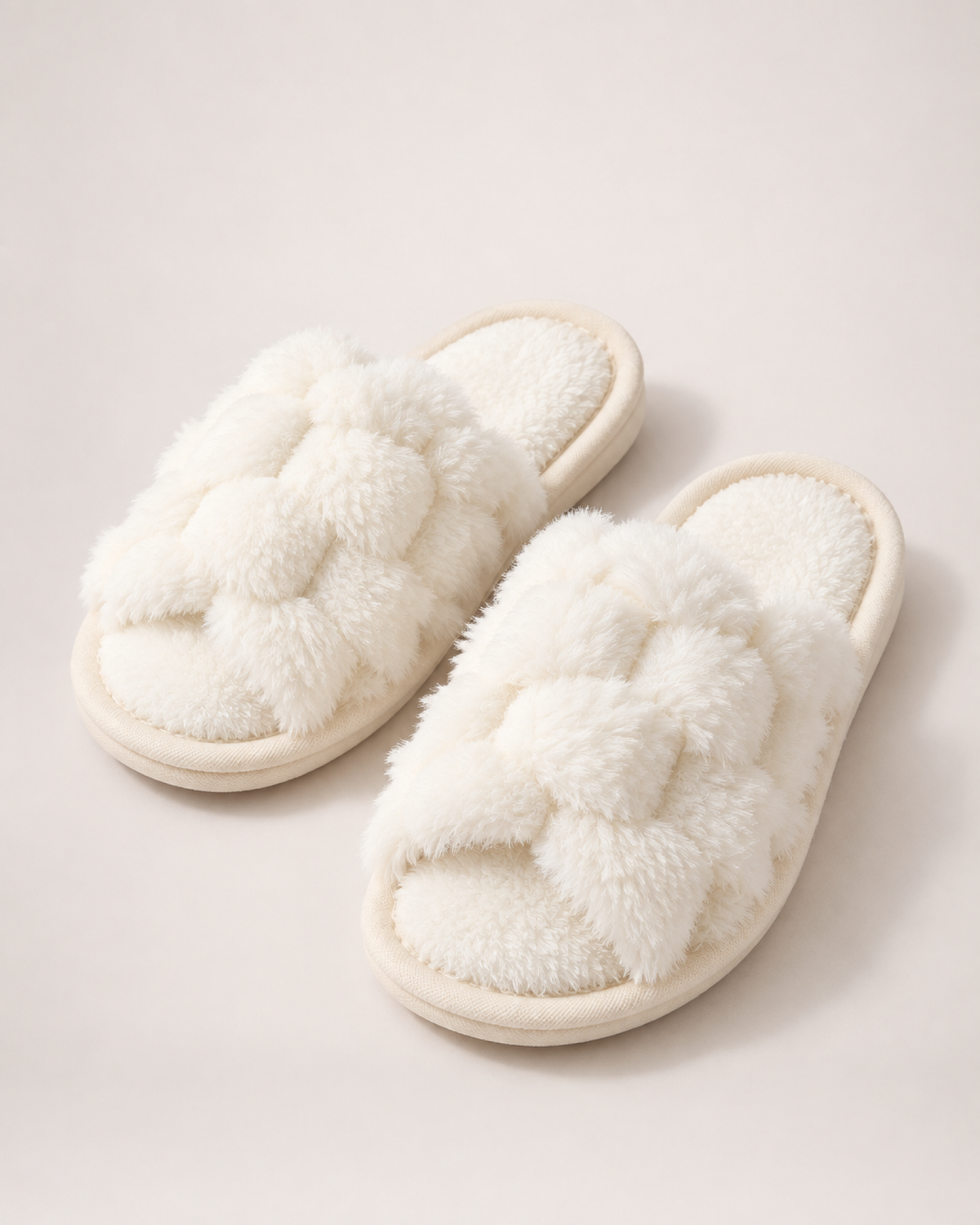 Fluffy Open Toe Slippers in White, product focused view