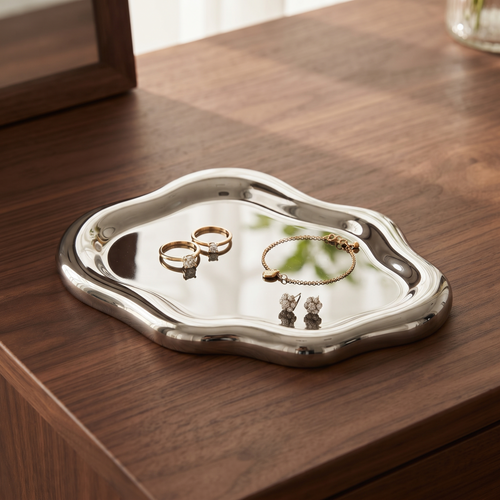 Mira Cloud Jewellery Tray in Silver Mirror — High-impact premium hero of the Silver Mirror finish.