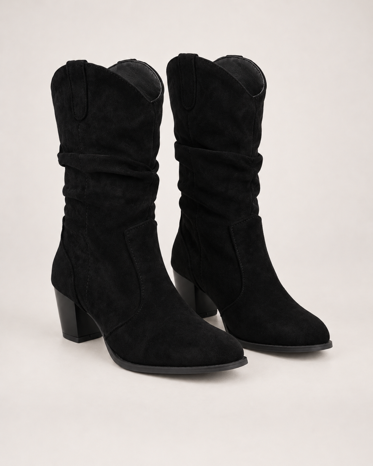 Women's Mid-Calf Boots: Chunky Heel Style in Black, pair three quarter hero
