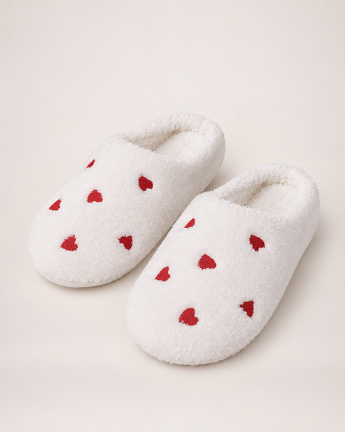 Heart Print Fluffy Slippers in White, product focused view