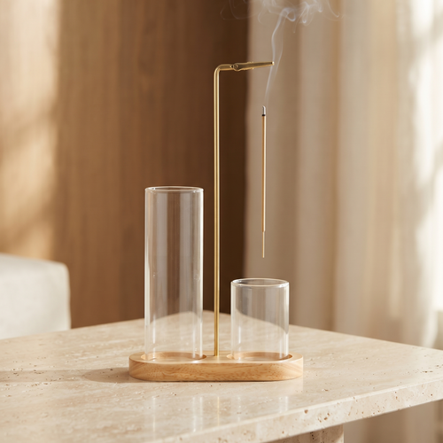 Aurelia Figure-Eight Incense Burner in Natural Glow — Premium hero showing the complete Natural Glow product in a desirable home setting.