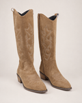 Women's Cowboy Boots: Embroidered Knee-High Style in Dark Brown, pair three quarter hero