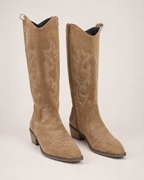 Women's Cowboy Boots: Embroidered Knee-High Style in Dark Brown, pair three quarter hero