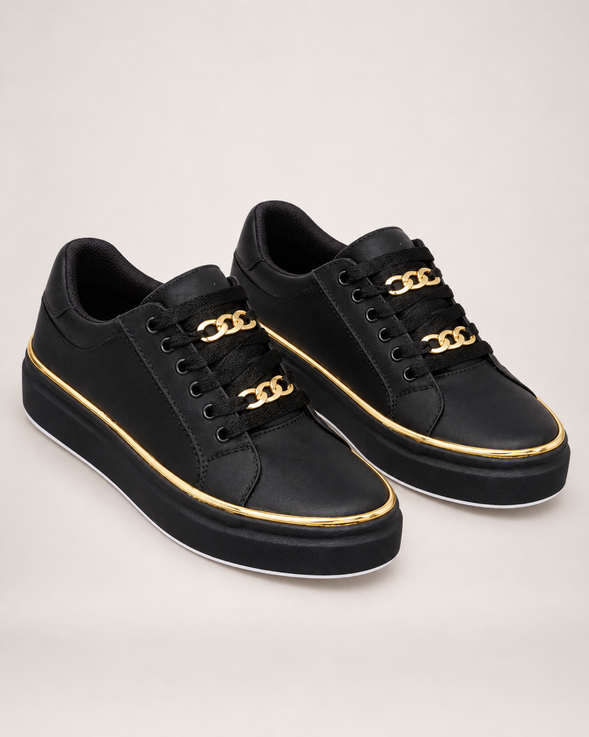 Women's Loafers: Chain Platform Style in Black, pair three quarter hero