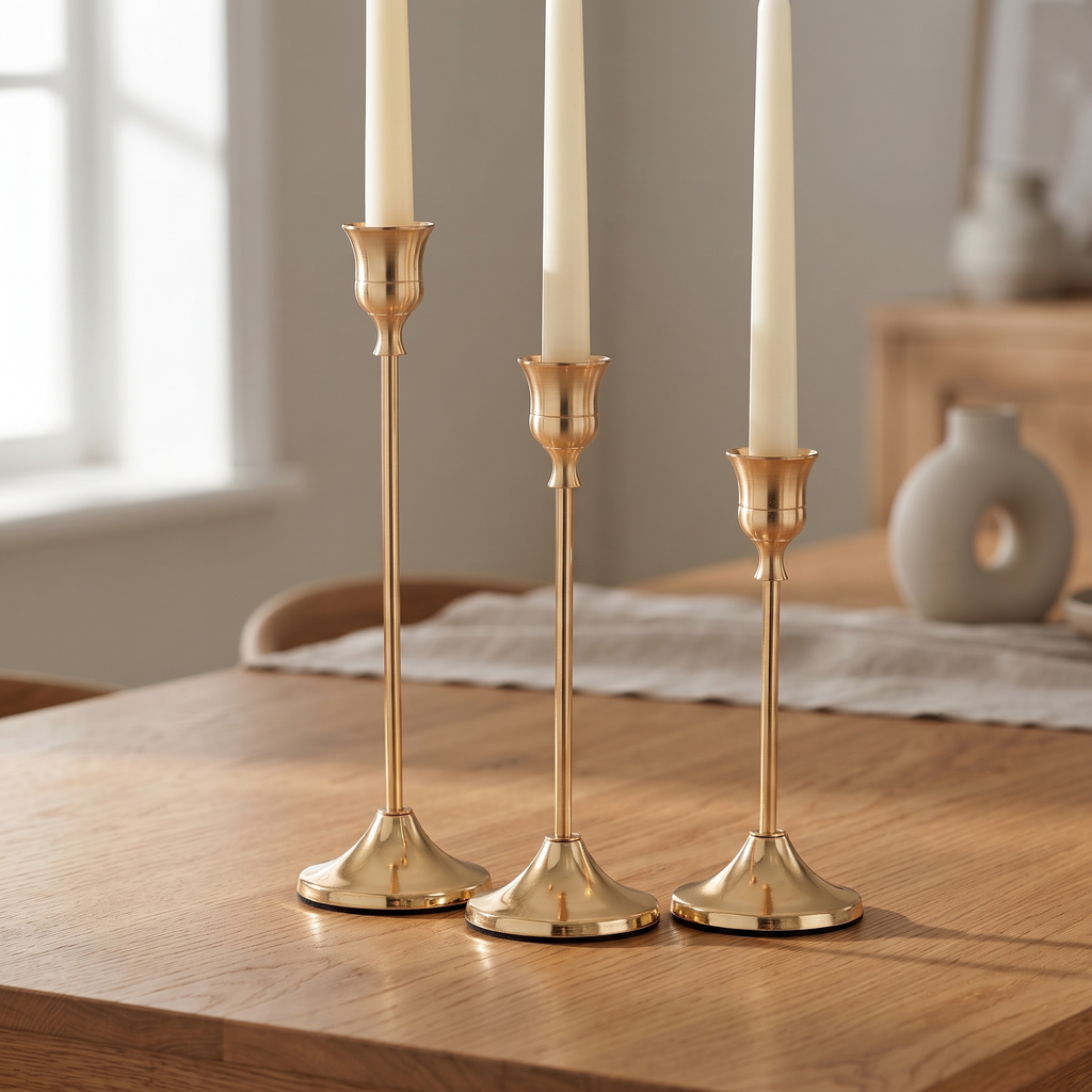 French Gold graduated taper candle holder set on a dining table