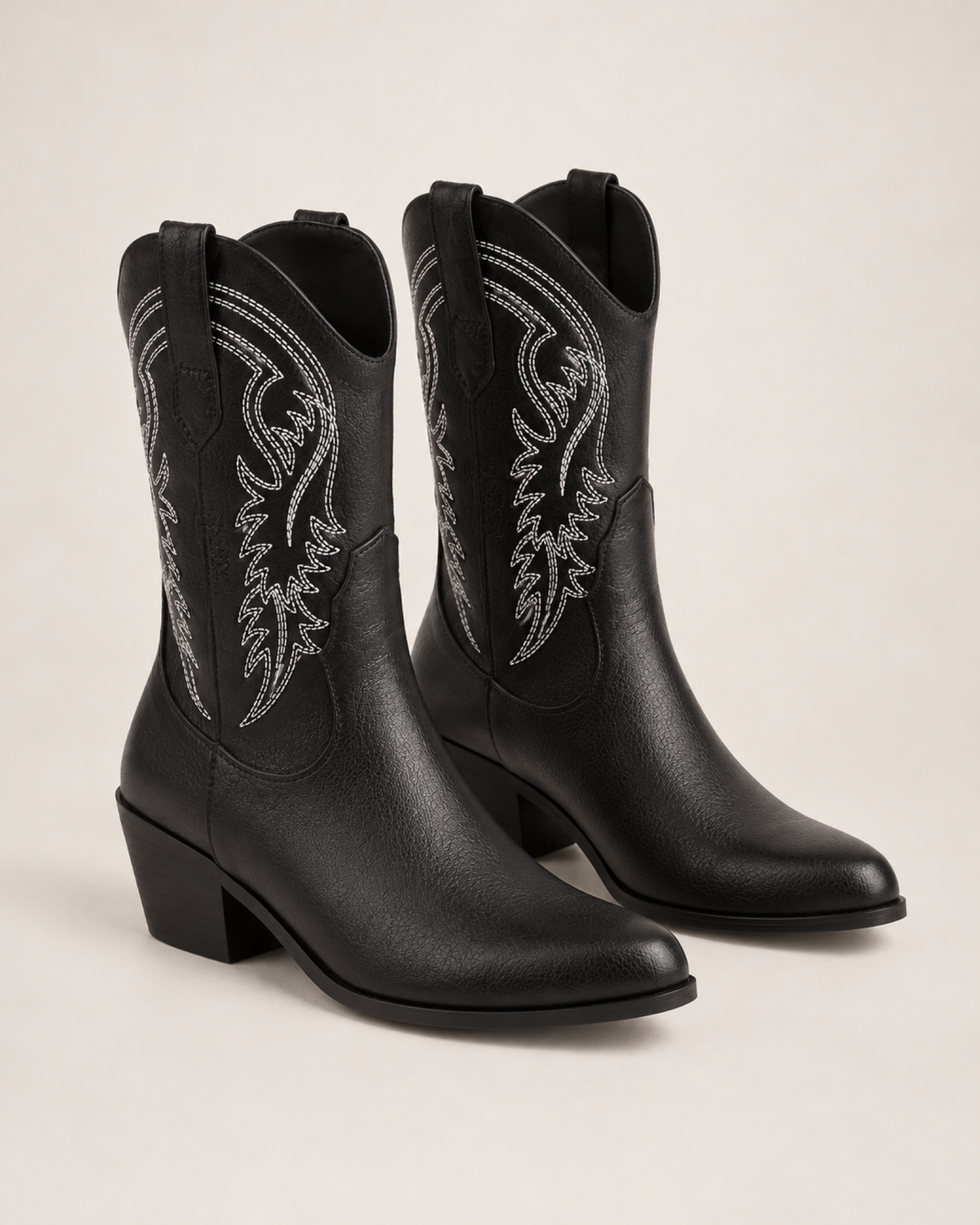Women's Western Boots: Embroidered Mid-Calf Style in Black, pair three quarter hero