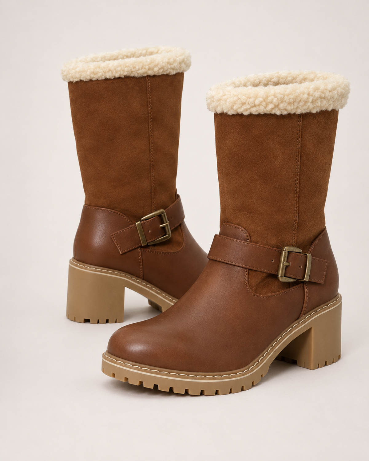 Women's Buckle Boots: Plush-Lined Block Heel Style in Light Brown, pair three quarter hero