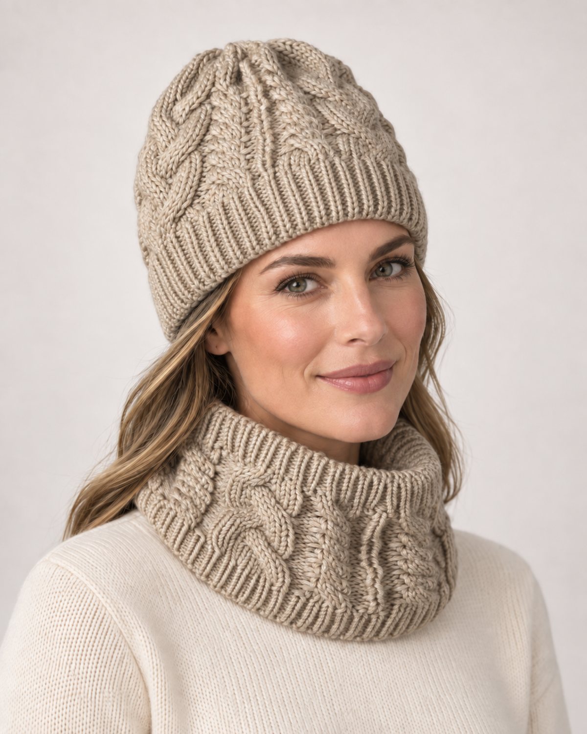 Women's Cable Knit Hat & Scarf Set in Beige, close up hero view