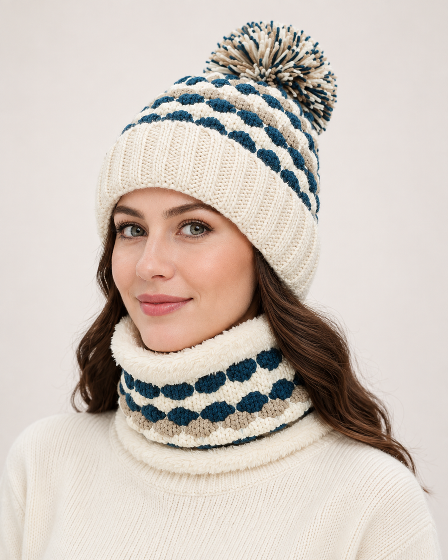 Women's Bobble Hat & Neck Warmer in Beige / Hat & Neck Warmer Set, close up hero view