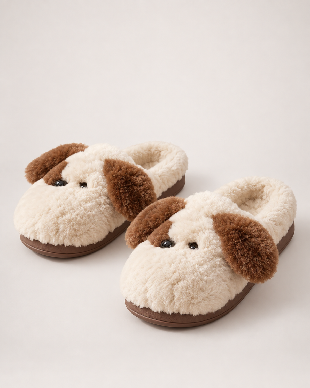 Plush Dog Face Slippers in Beige, product focused view