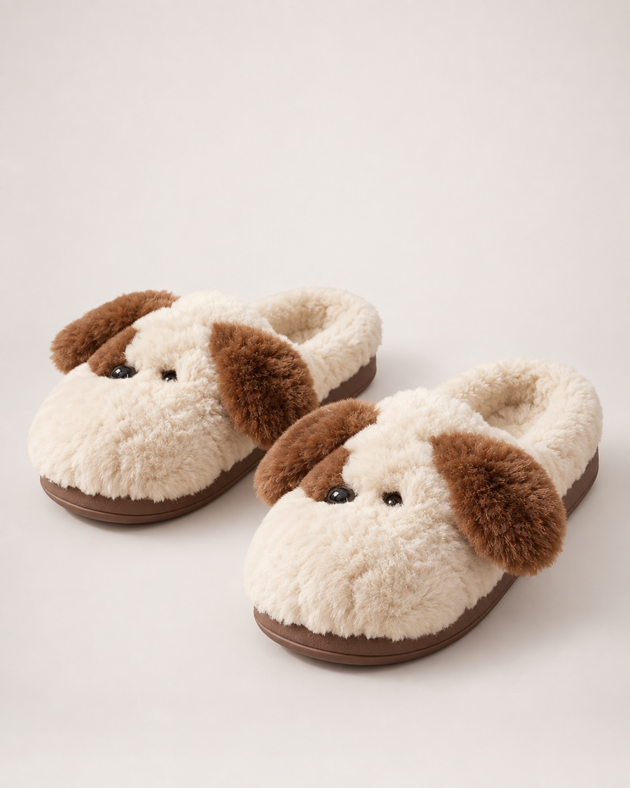 Plush Dog Face Slippers in Beige, product focused view
