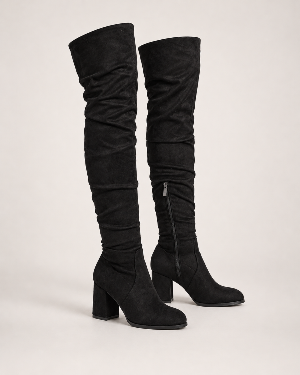 Women's Over-the-Knee Boots: Stretch High Heel Style in Black, pair three quarter hero