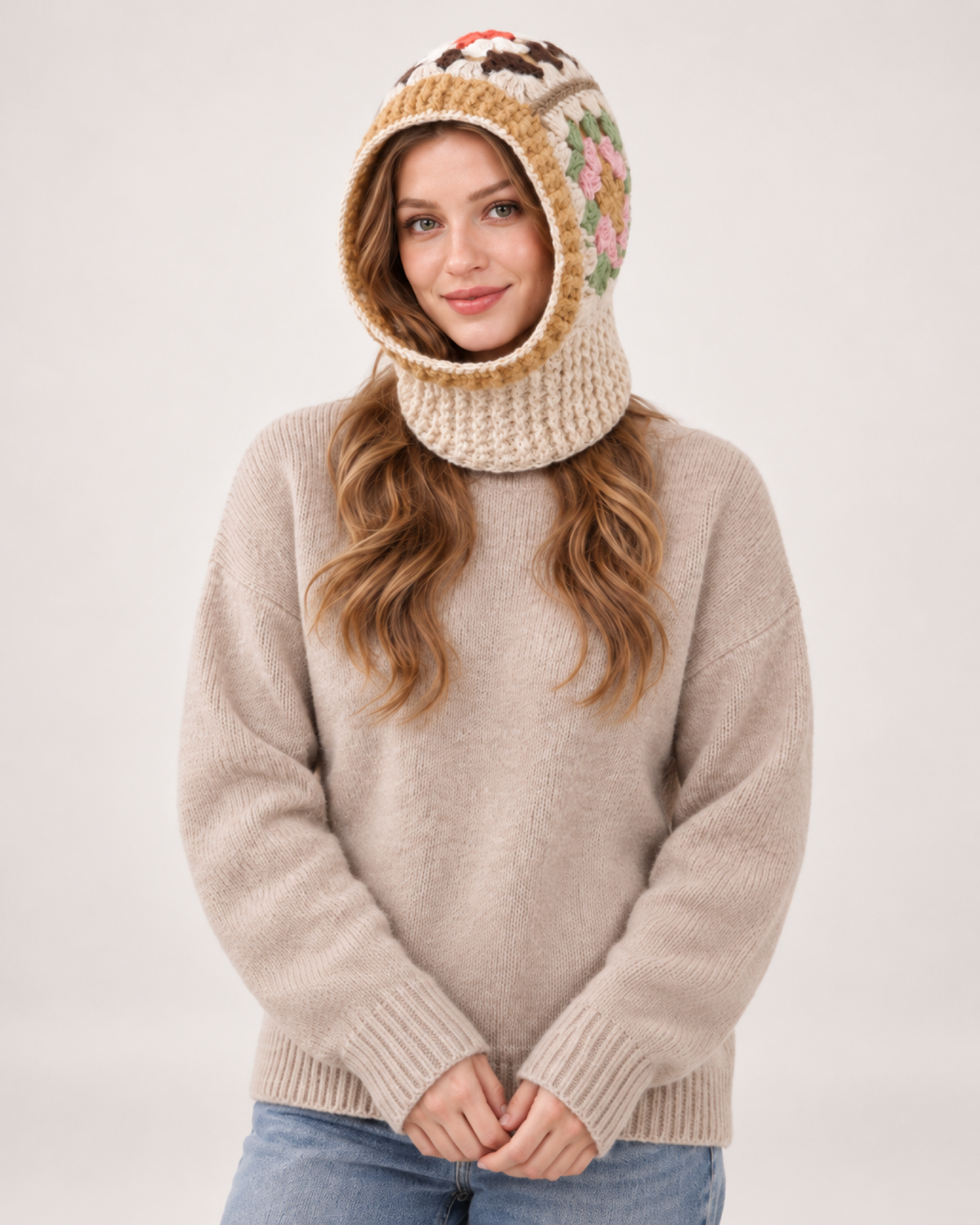 Women's beige floral crochet hooded scarf, straight front studio view