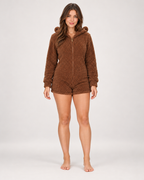 Women's Fleece Onesie - Short Bear-Ear Style, Brown straight front view