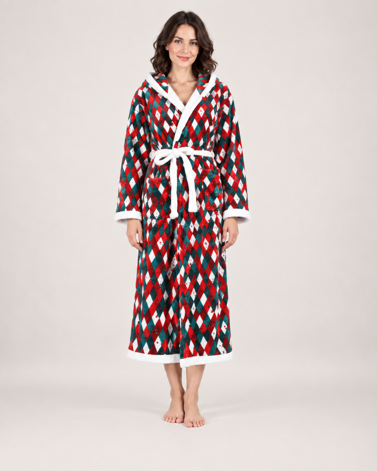 Women's Christmas Check Hooded Dressing Gown in Christmas Check, front view