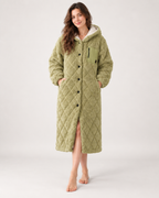 Women's Quilted Fleece Dressing Gown – Hooded Long Style, straight front view showing the button front, chest detail, pockets and hem