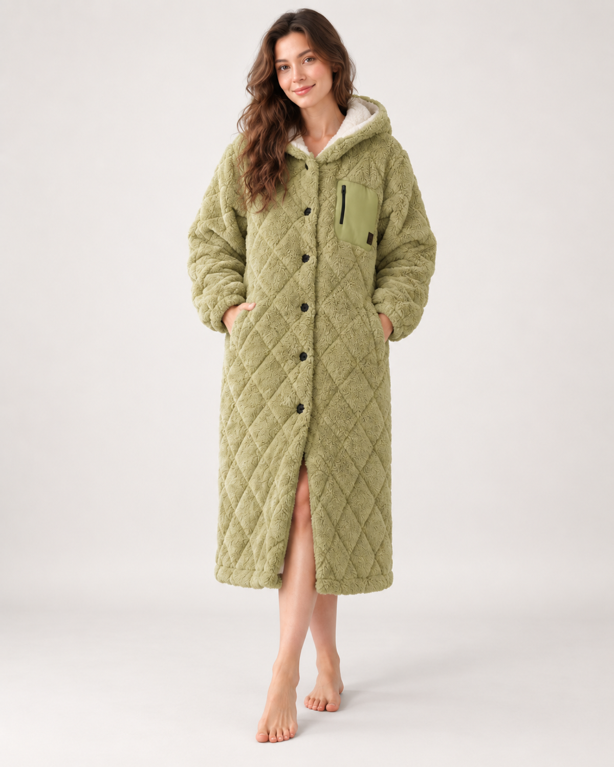 Women's Quilted Fleece Dressing Gown – Hooded Long Style, straight front view showing the button front, chest detail, pockets and hem