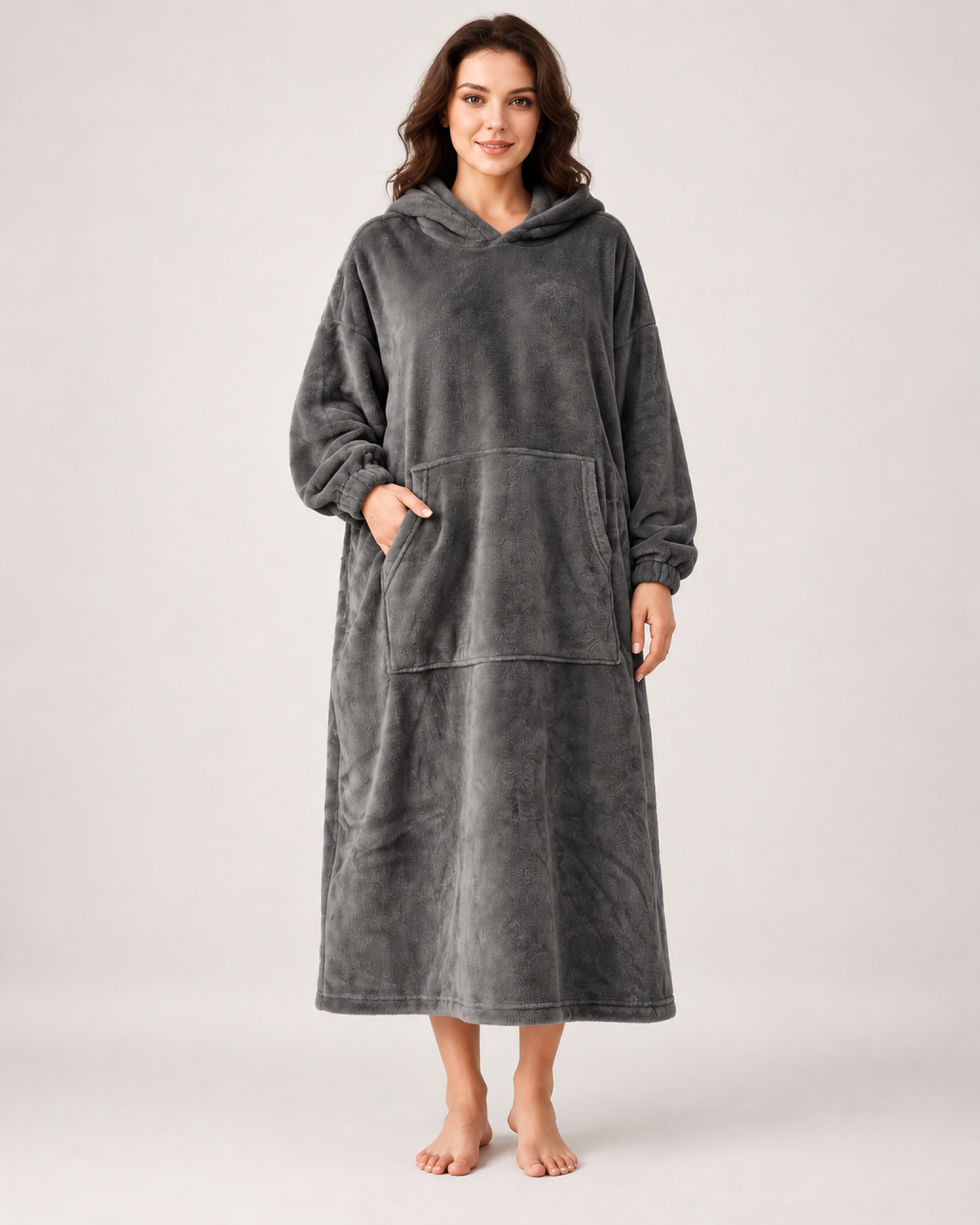 Ladies' Hooded Dressing Gown – Long Pullover Style in Dark Grey, front view