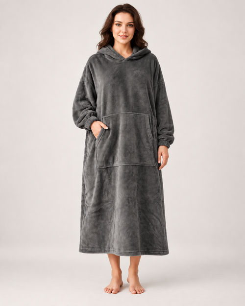 Ladies' Hooded Dressing Gown – Long Pullover Style in Dark Grey, front view