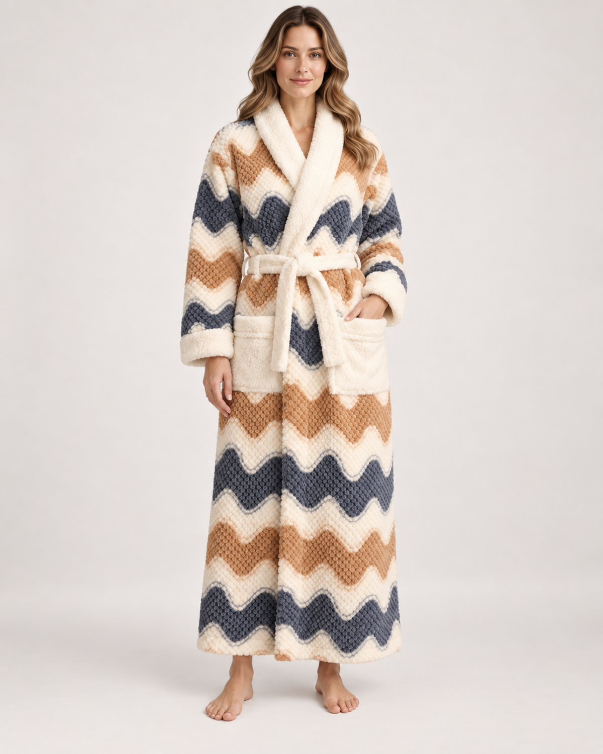 Women's Patterned Long Dressing Gown in Wave Stripe, front view