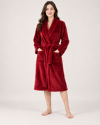 Women's Long Fleece Dressing Gown – Belted Robe, straight front view showing the wrap, belt, pockets and hem