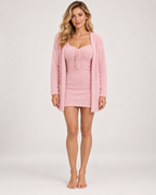 Women's Fluffy Dress and Cardigan Set in Pink, front studio view