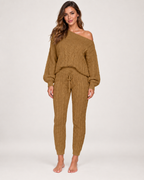 Women's Cable Knit Loungewear Set in Khaki, front studio view