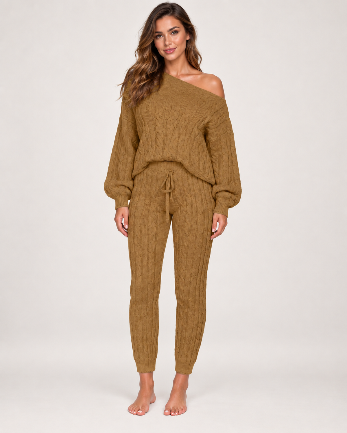Women's Cable Knit Loungewear Set in Khaki, front studio view