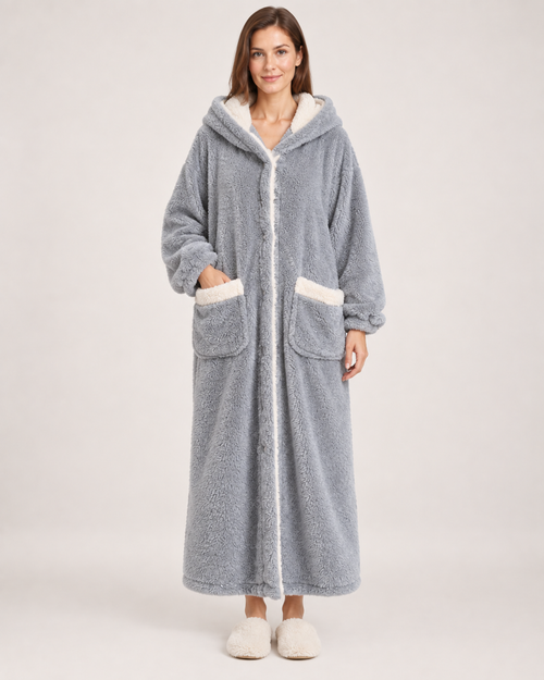 Ladies' Hooded Dressing Gown – Rounded Ear Detail in Grey, front view