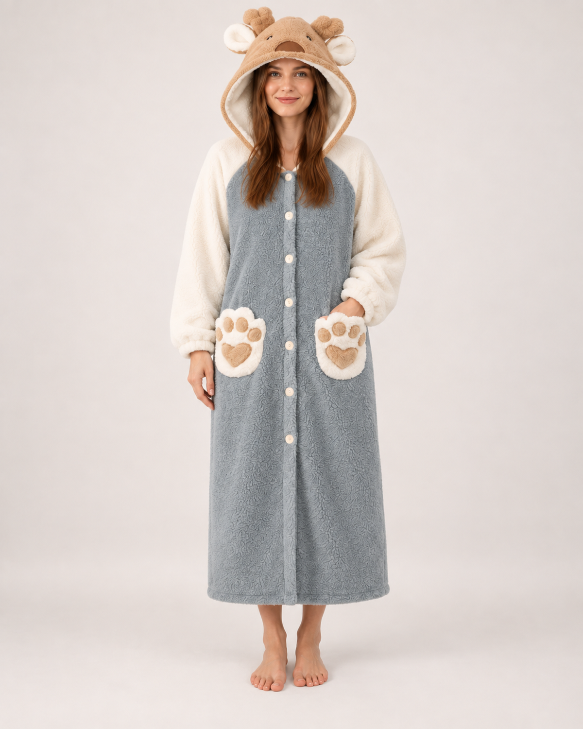 Women's Animal Hooded Lounge Robe in Grey & Cream, front view