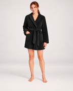 Women's Short Plush Dressing Gown in Black, front view