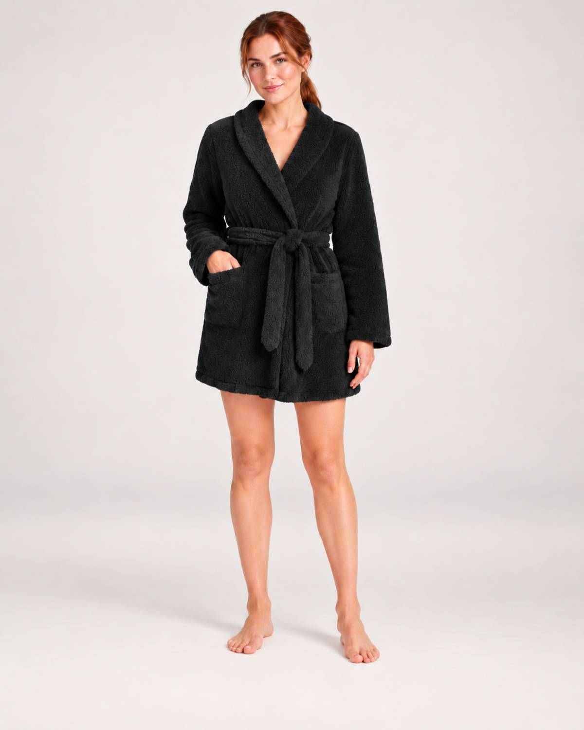 Women's Short Plush Dressing Gown in Black, front view