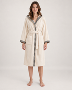 Women's Hooded Cotton Dressing Gown in Cream, straight front view