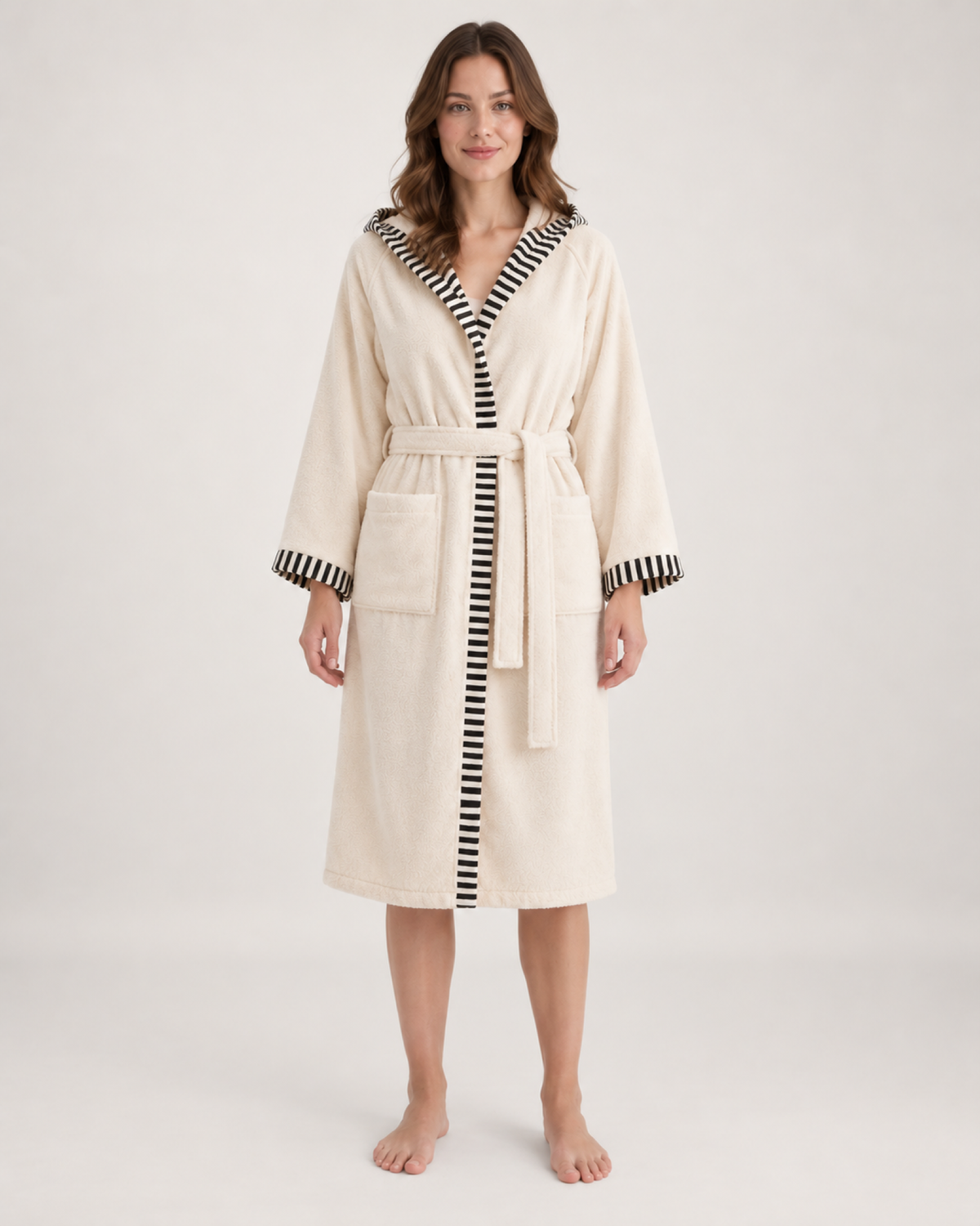 Women's Hooded Cotton Dressing Gown in Cream, straight front view