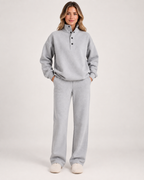Women's Oversized Button-Neck Loungewear Set in Grey, front studio view