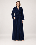 Women's Textured Long Dressing Gown in Navy Blue, front view