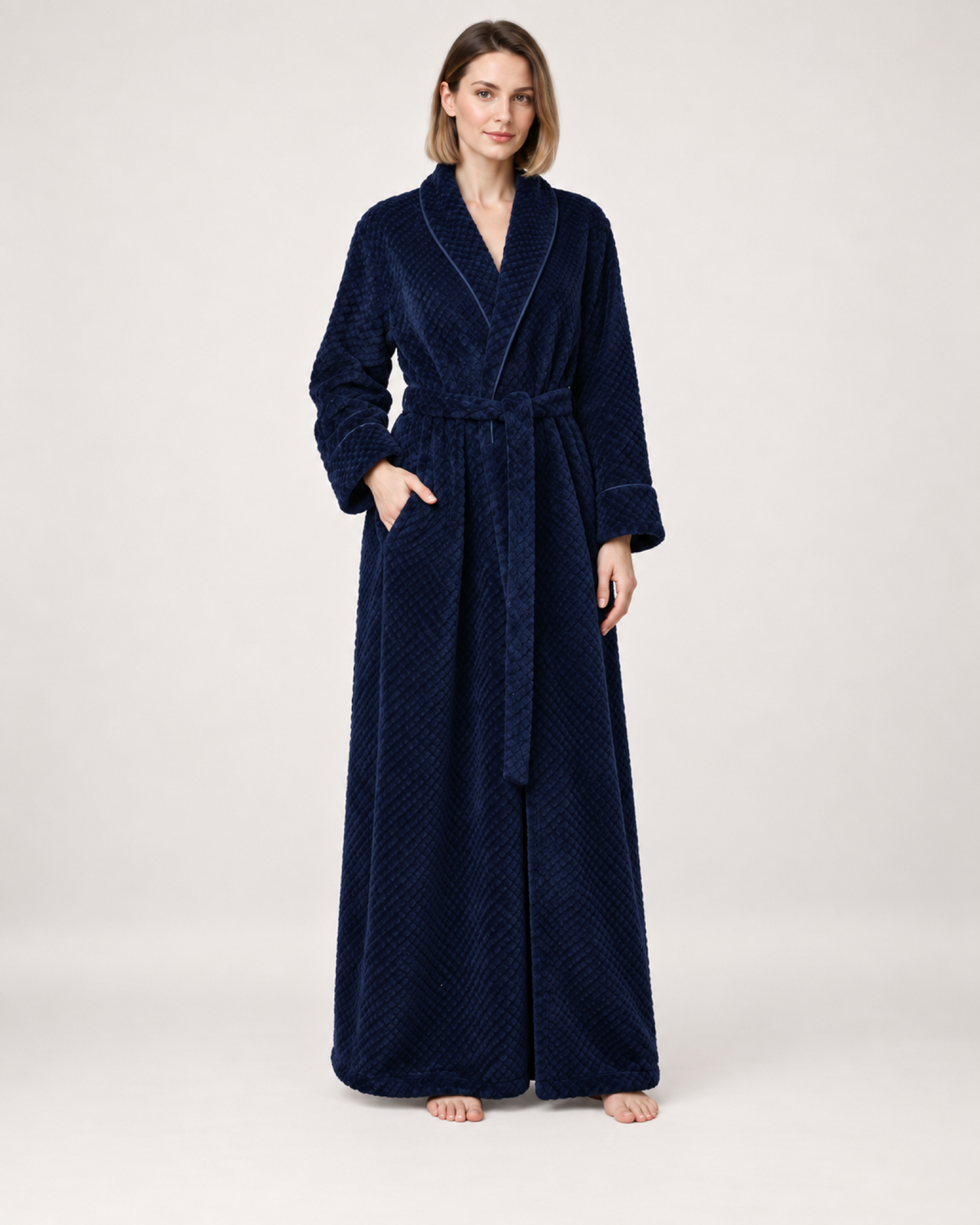Women's Textured Long Dressing Gown in Navy Blue, front view