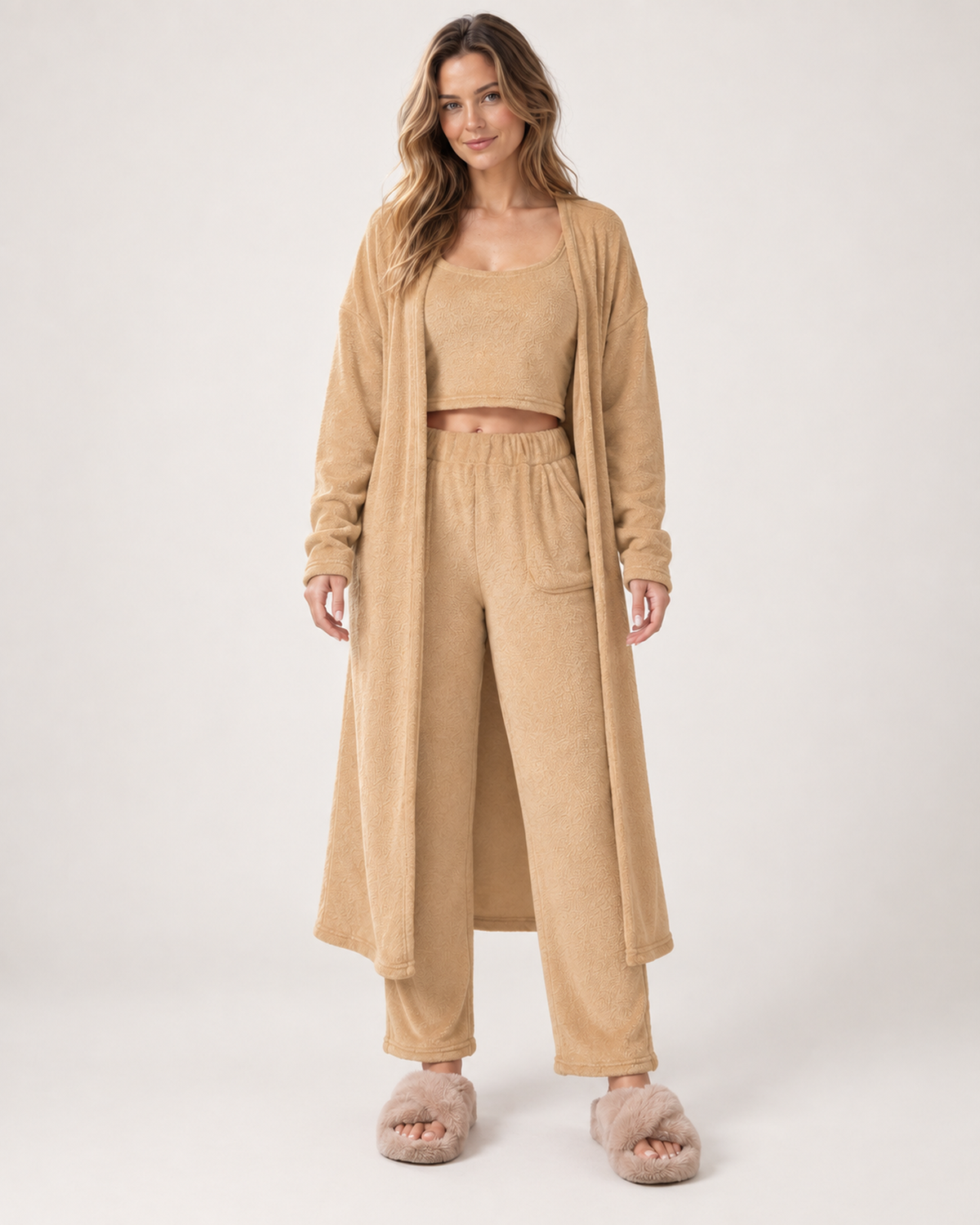 Women's Three Piece Loungewear Set in Camel, front studio view