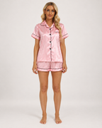 Women's Printed Short Pyjama Set in Pink Stripe, front studio view