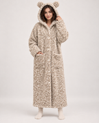 Ladies' Hooded Dressing Gown – Leopard Print in 300g Plush, front view