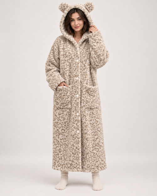 Ladies' Hooded Dressing Gown – Leopard Print in 300g Plush, front view