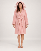 Women's Bunny Ear Fleece Dressing Gown in Pink, straight front view