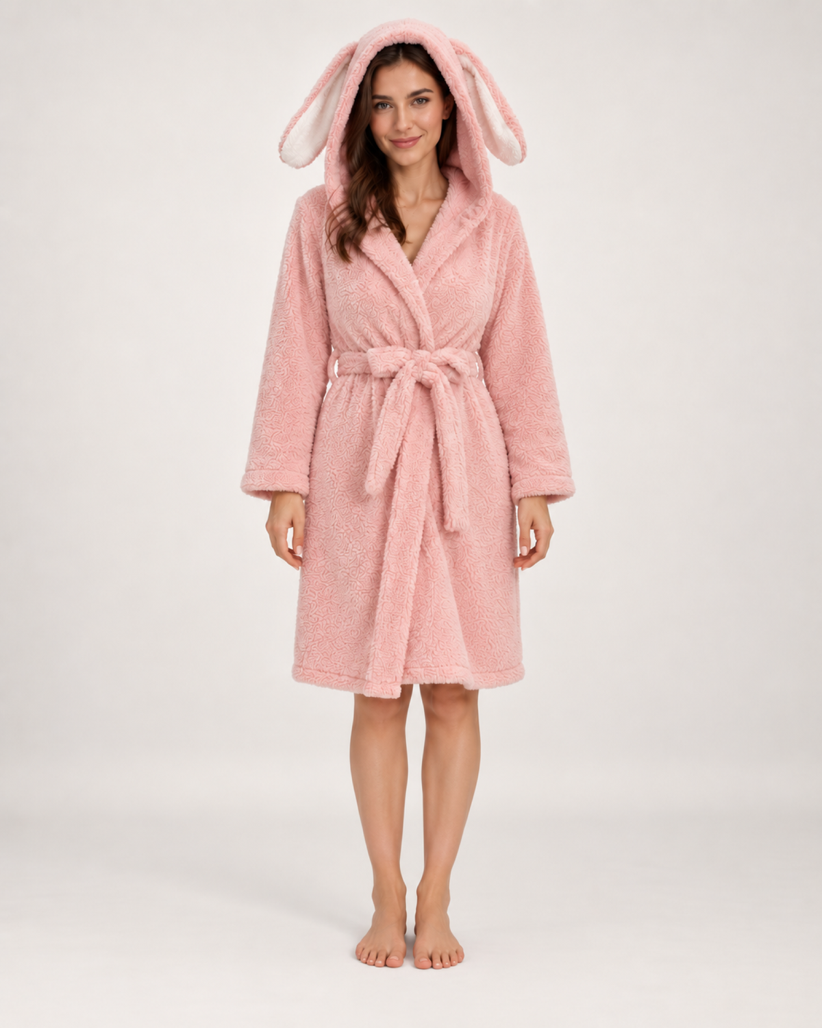 Women's Bunny Ear Fleece Dressing Gown in Pink, straight front view