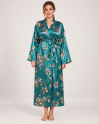 Ladies' Floral Dressing Gown – Long Wrap Style in Teal Floral, front view