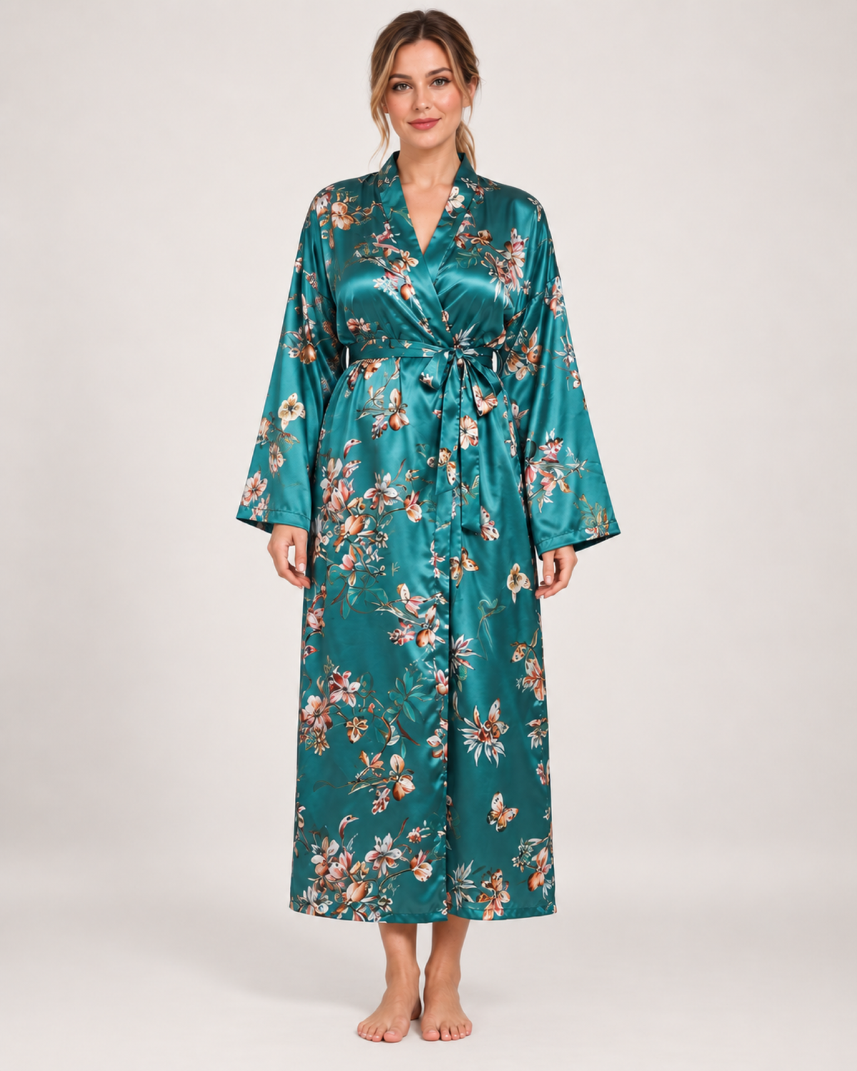 Ladies' Floral Dressing Gown – Long Wrap Style in Teal Floral, front view